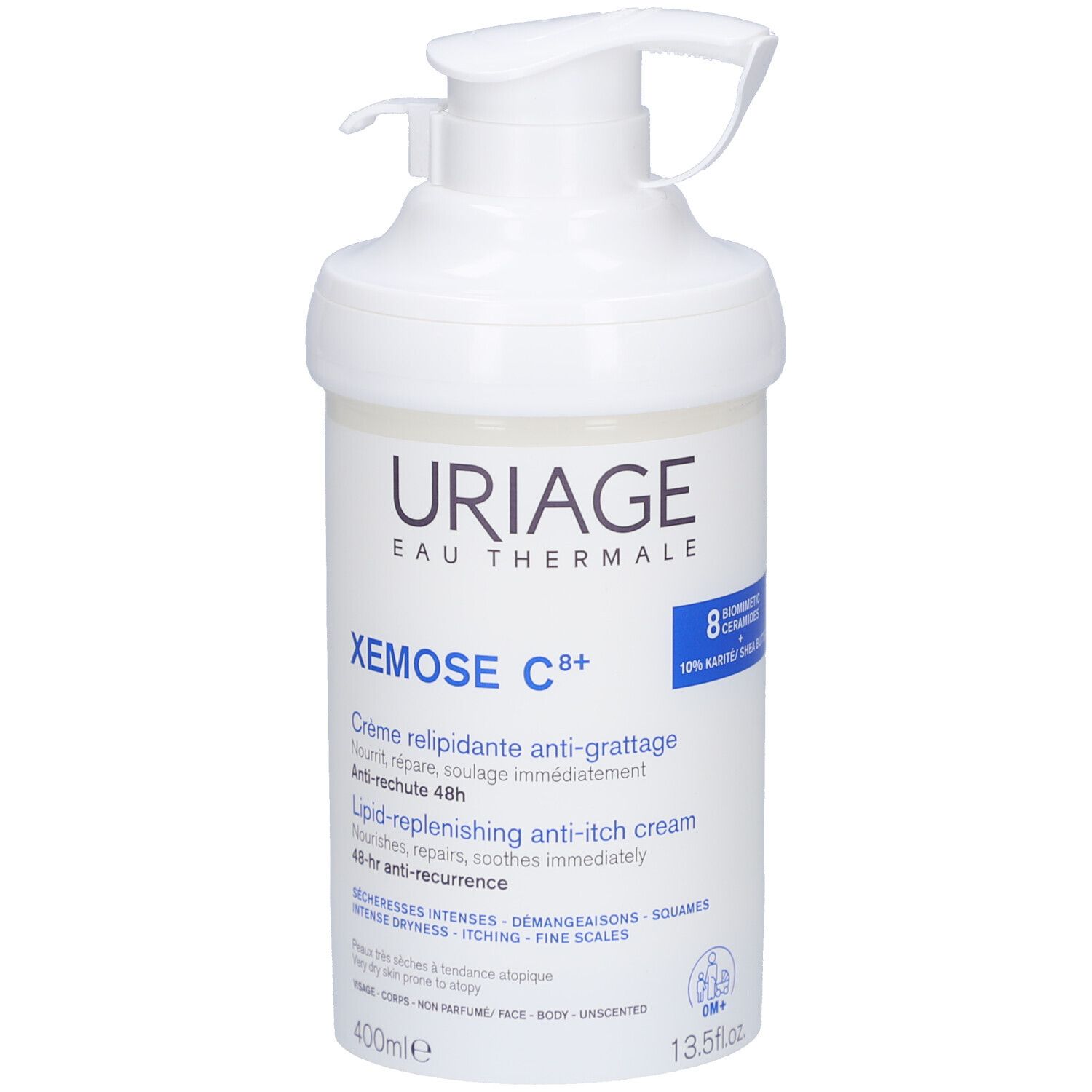 Weiße Creme-Flasche mit Pumpe. Aufschrift: Uriage, Xémose C8+. Anti-Juckreiz-Creme. 400ml.