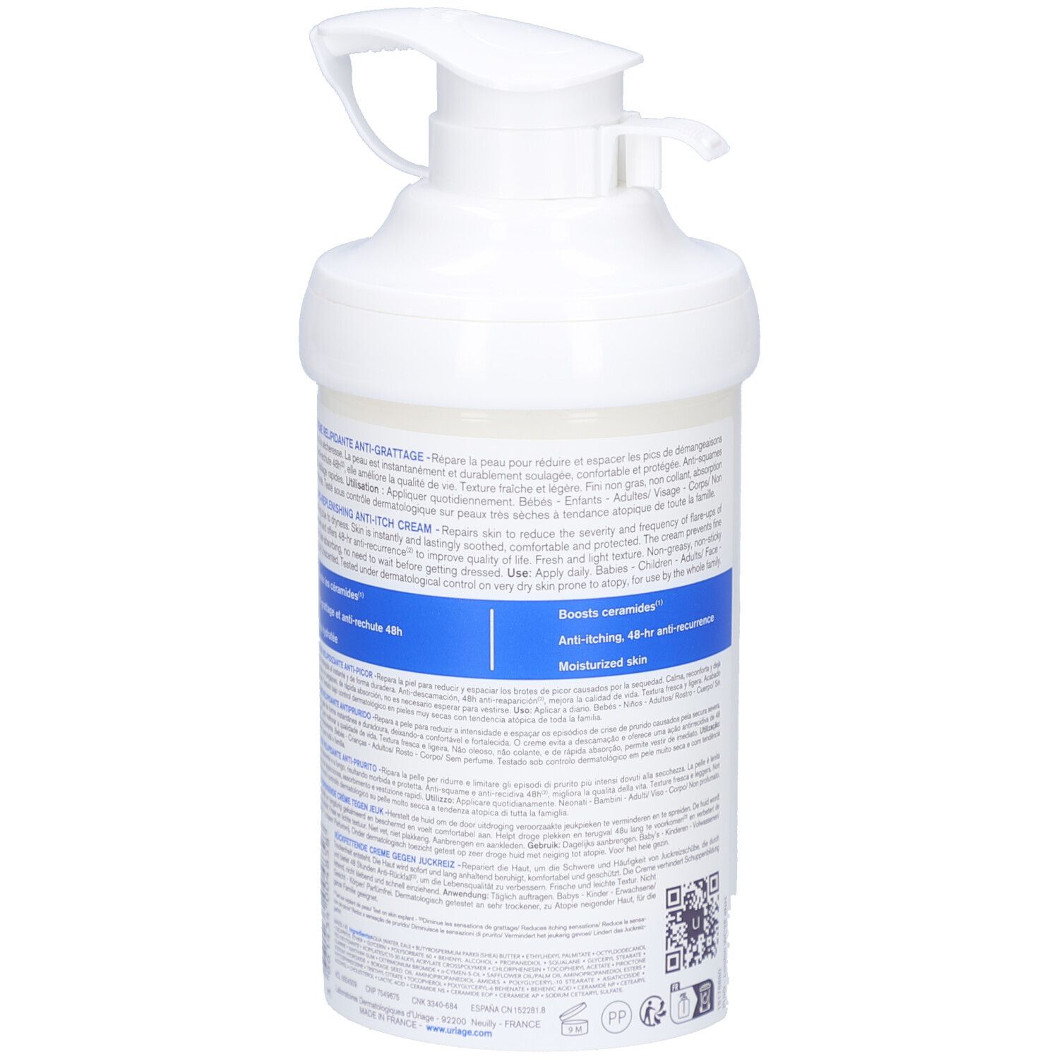 Weiße Creme-Flasche mit Pumpe. Rückseite mit Text. Aufschrift: Uriage, Xémose. 400ml.