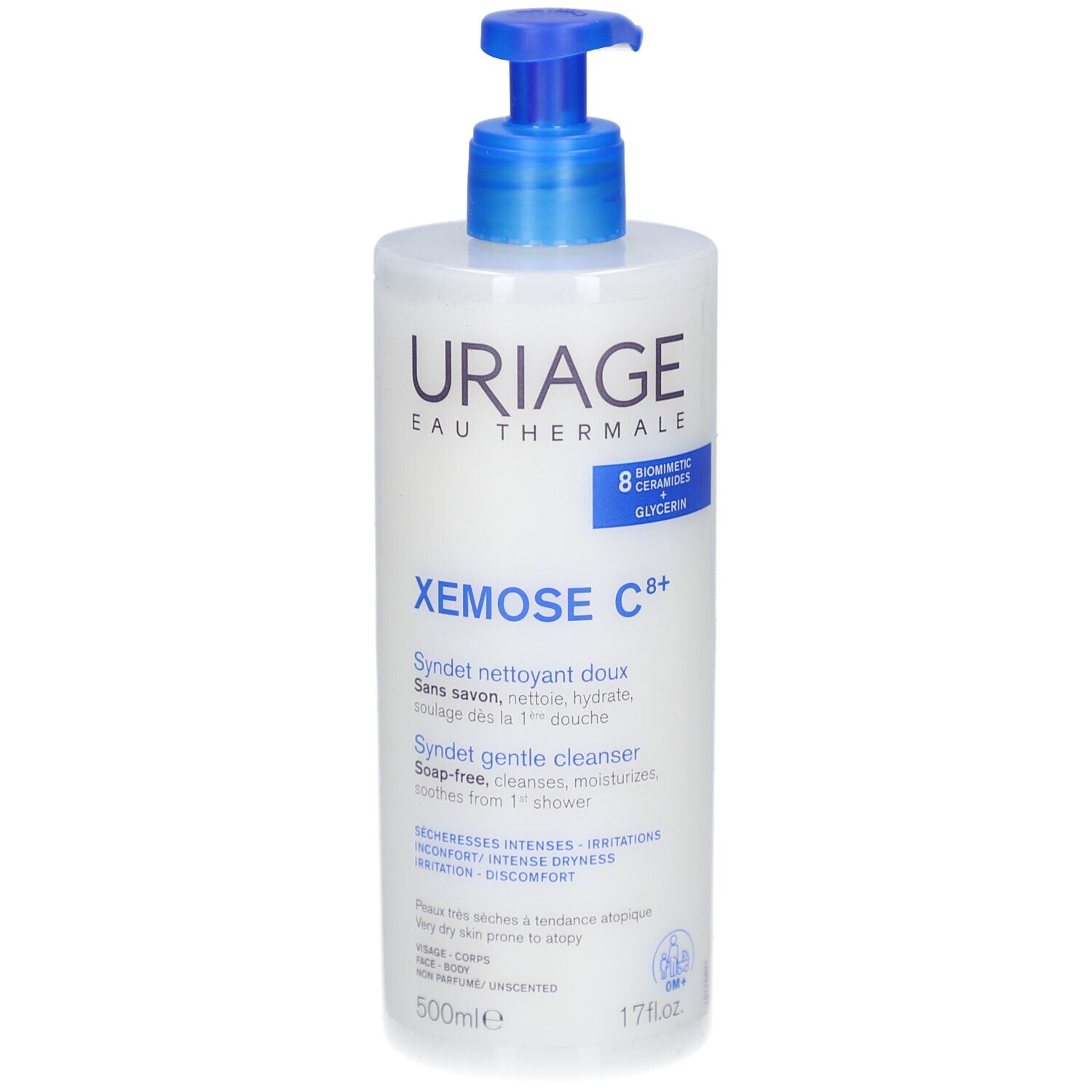 Weiße Flasche mit blauem Pumpkopf. Aufschrift URIAGE, XEMOSE C8+. Text in Französisch und Englisch. 500ml.