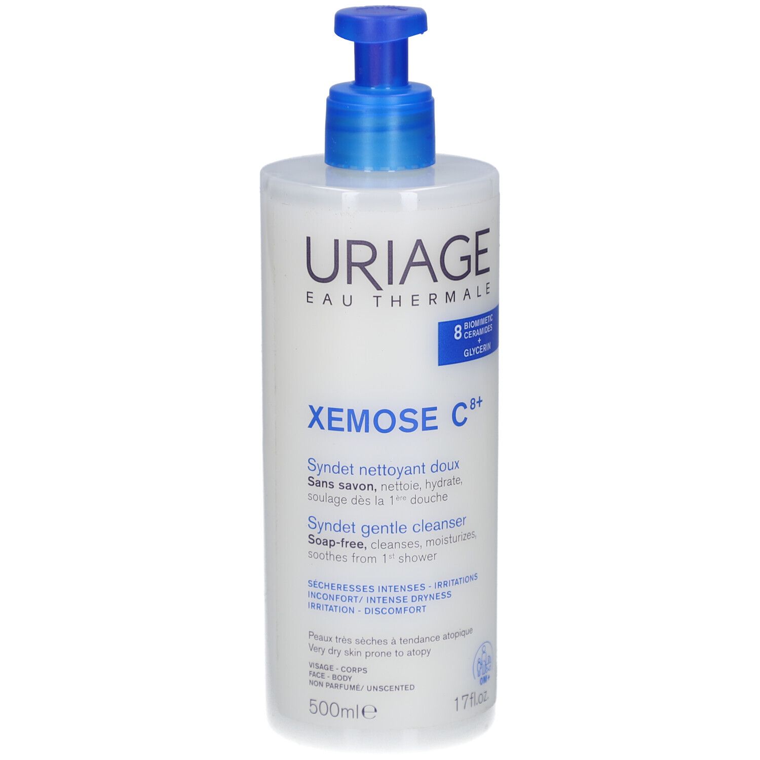 Weiße Flasche mit blauem Pumpkopf. Aufschrift URIAGE, XEMOSE C8+. Text in Französisch und Englisch. 500ml.