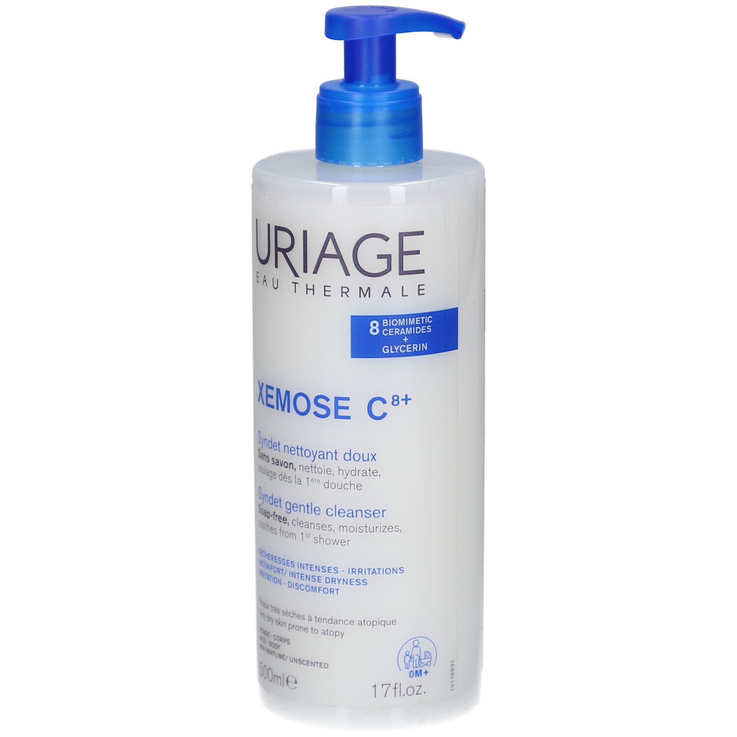 Weiße Flasche mit blauem Pumpkopf. Aufschrift URIAGE, XEMOSE C8+. Text in Französisch und Englisch. 500ml.