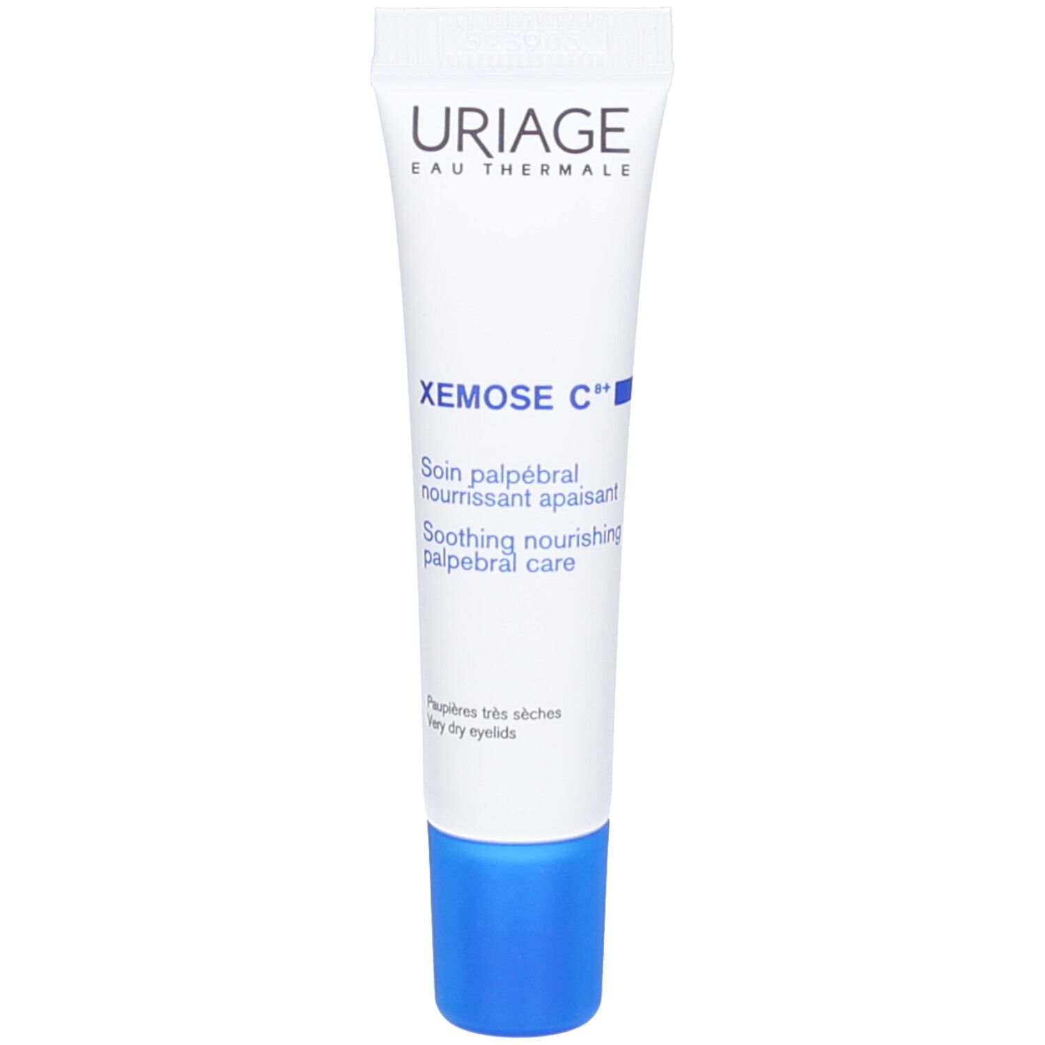 Uriage Xémose C8+ Augencreme. Weiße Tube mit blauem Verschluss. Text: Xémose C8+, Soin palpébral, Soothing nourishing.