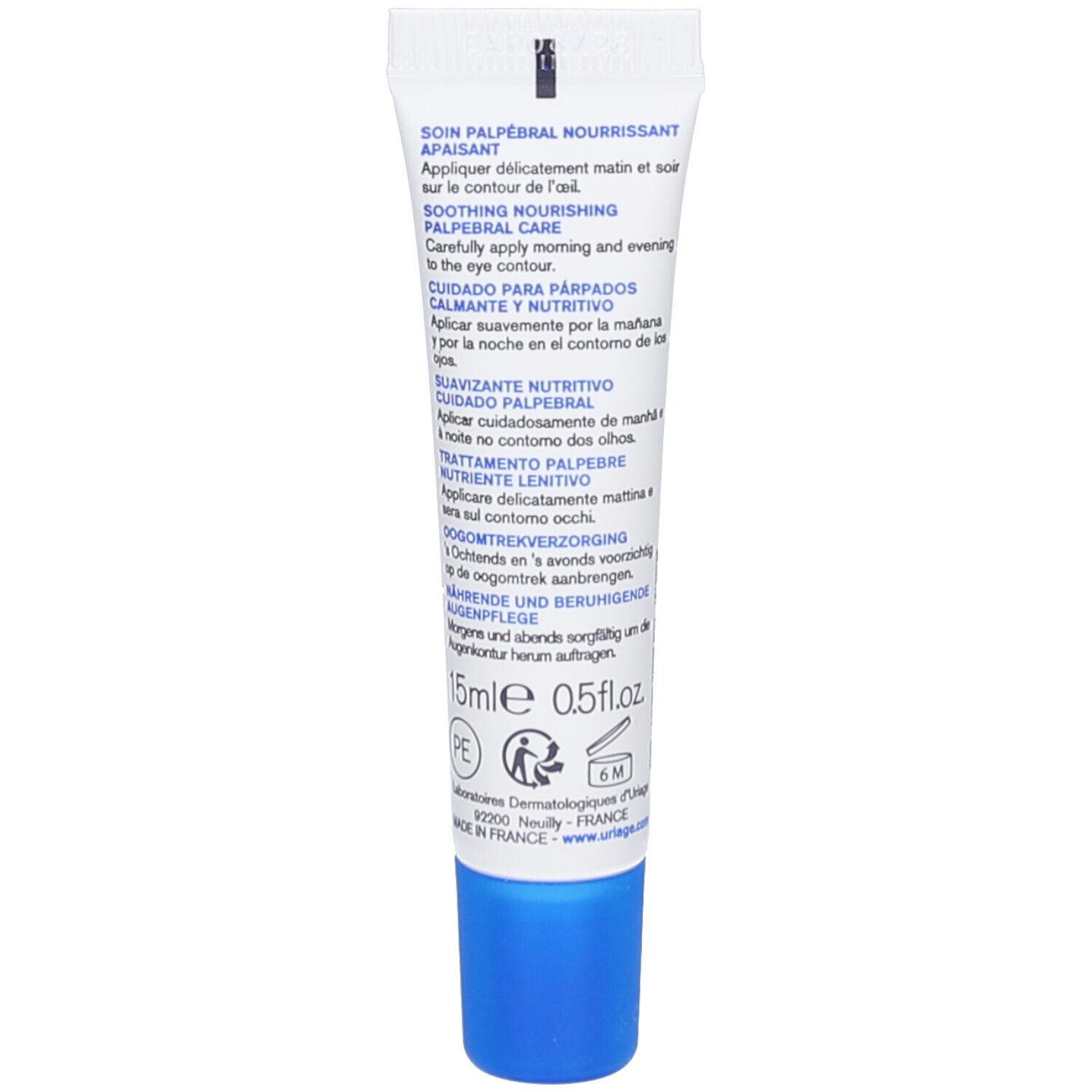 Rückseite der Uriage Xémose C8+ Augencreme-Tube. Text: Soin palpébral nourrissant apaisant, 15ml, 0.5 fl.oz.
