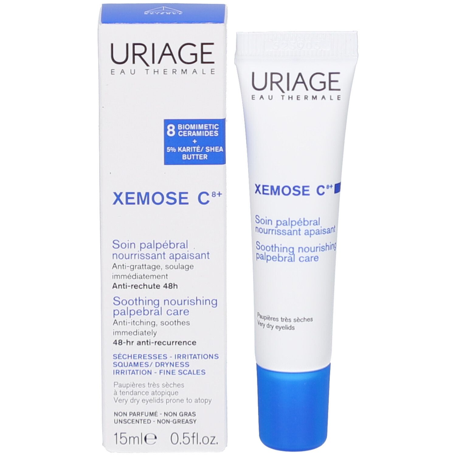 Uriage Xémose C8+ Augencreme und Verpackung. Text: Xémose C8+, 8 Biomimetic Ceramides, 5% Karité/Shea Butter, 15ml.