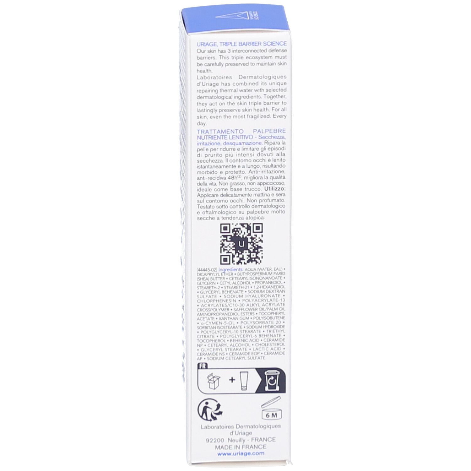 Verpackung Uriage Xémose C8+. Text: Uriage, Triple Barrier Science, Inhaltsstoffe, QR-Code, 6M-Symbol.