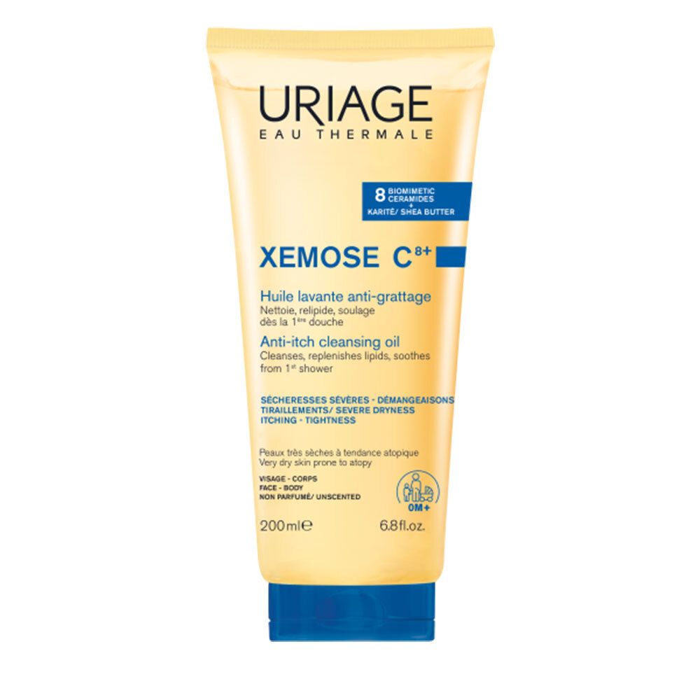 Gelbe Tube mit Uriage Xémose C8+ Duschöl. Text und Logos sind aufgedruckt. Blaue Verschlusskappe.