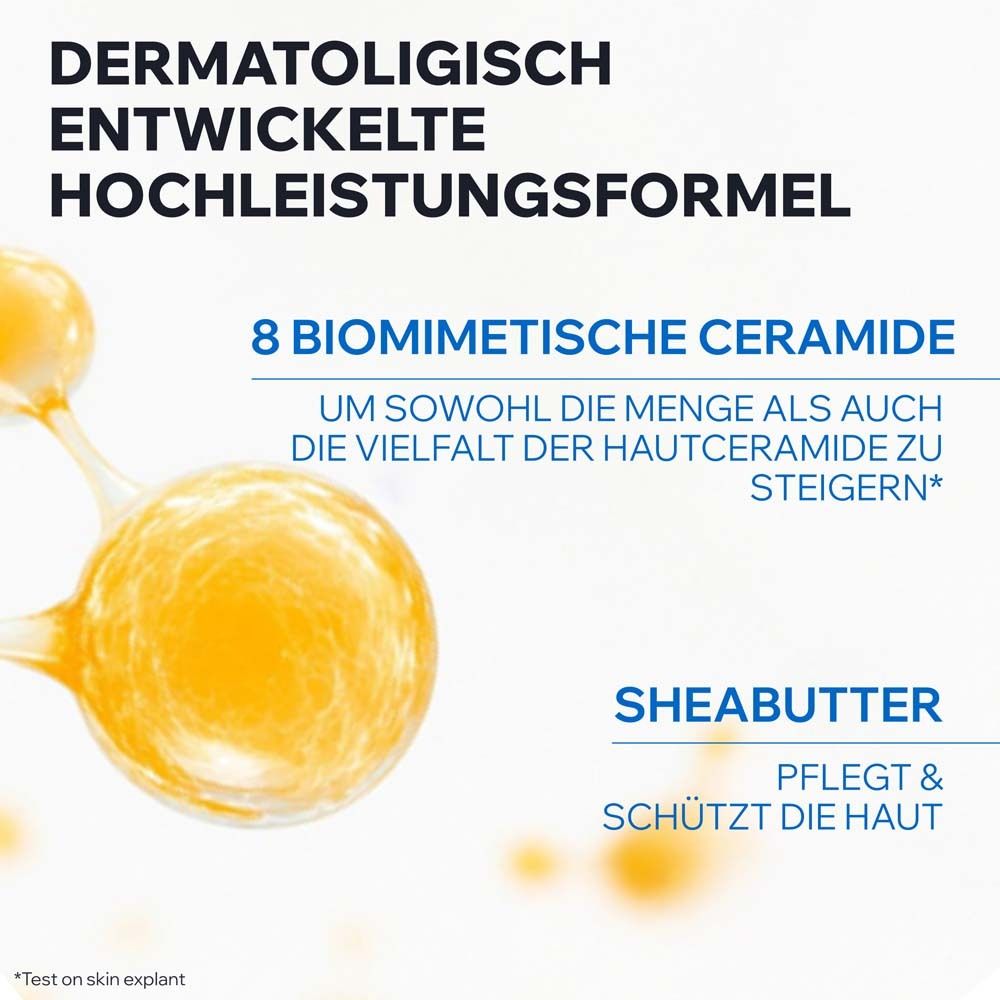 Grafik mit Text: Dermatologisch entwickelte Hochleistungsformel. 8 biomimetische Ceramide, Sheabutter.