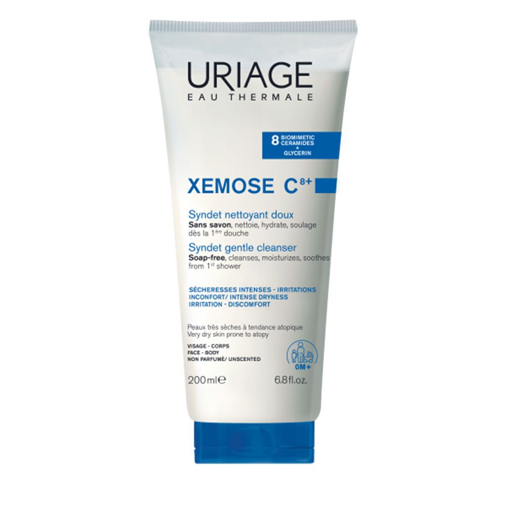 Weiß-blaue Tube. Uriage Xémose C8+ Waschcreme. Text und Logos. 200ml. CM+ Logo.