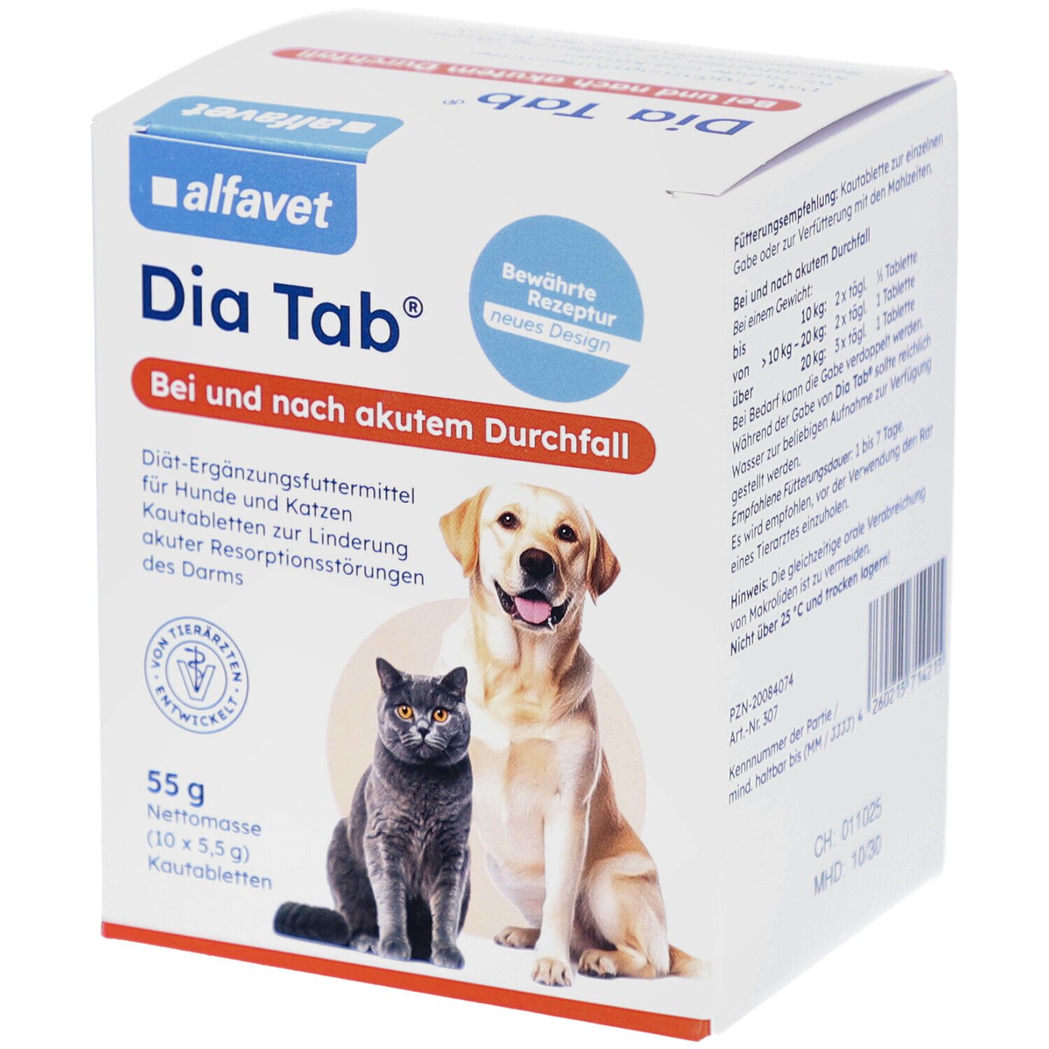 Karton Alfavet Dia Tab®. Vorderseite mit Produktname, Logo, Katze und Hund. 55g Packung. Text: Bei und nach akutem Durchfall.