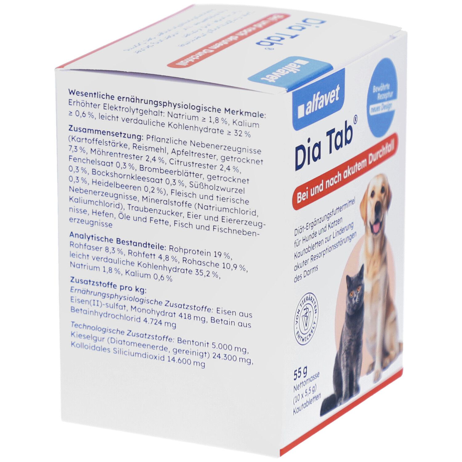 Karton Alfavet Dia Tab®. Rückseite mit Inhaltsstoffen und Nährwertangaben. Logo Alfavet. Text: Bei und nach akutem Durchfall.