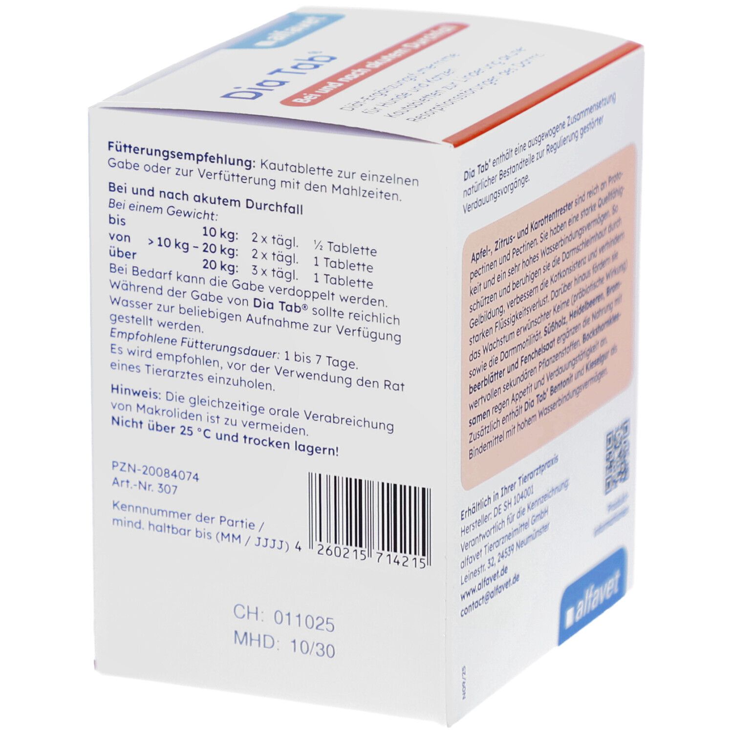 Karton Alfavet Dia Tab®. Seite mit Fütterungsempfehlung und weiteren Informationen. Logo Alfavet. Text: Bei und nach akutem Durchfall.