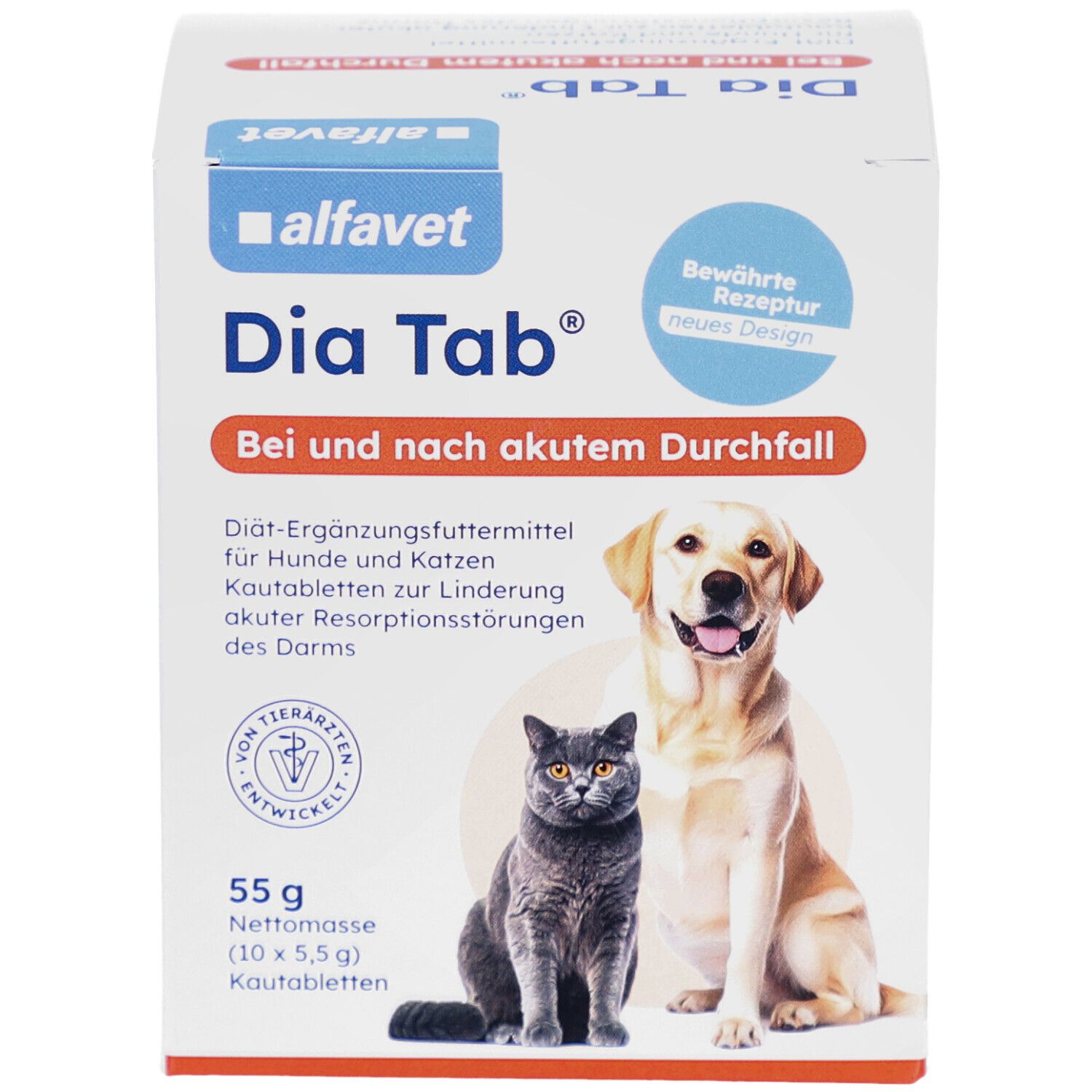 Karton Alfavet Dia Tab®. Vorderseite mit Produktname, Logo, Katze und Hund. 55g Packung. Text: Bei und nach akutem Durchfall.