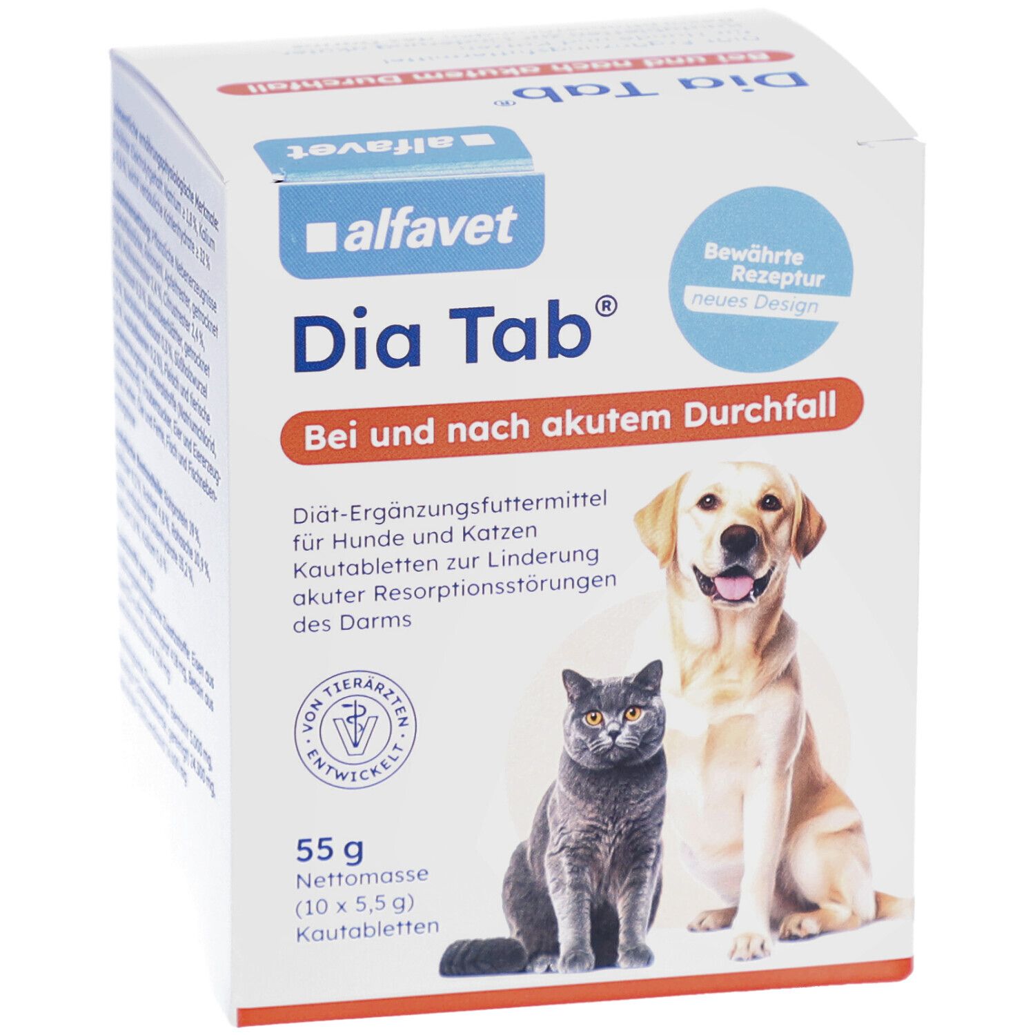 Karton Alfavet Dia Tab®. Vorderseite mit Produktname, Logo, Katze und Hund. 55g Packung. Text: Bei und nach akutem Durchfall.