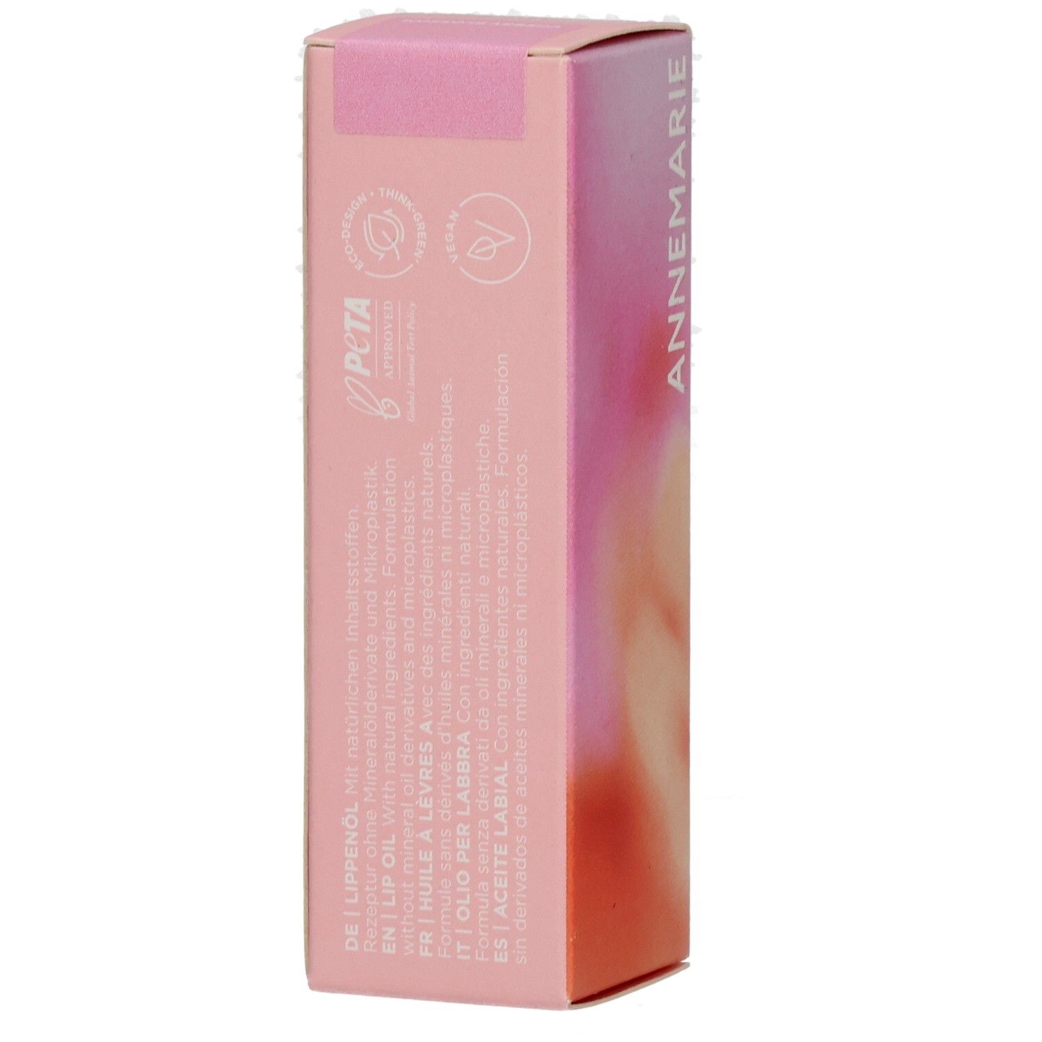 Rückseite der ANNEMARIE BÖRLIND Lip Oil Verpackung mit Siegeln und Text.