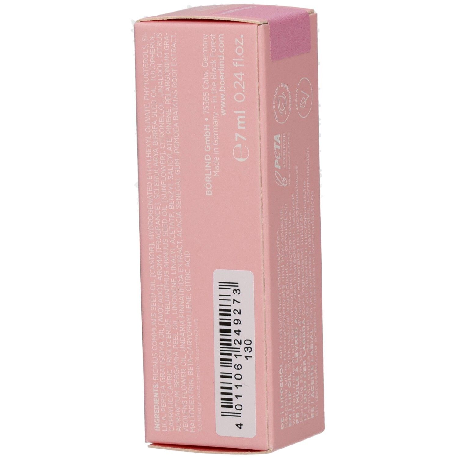Seitenansicht der ANNEMARIE BÖRLIND Lip Oil Verpackung mit Inhaltsstoffen und EAN.