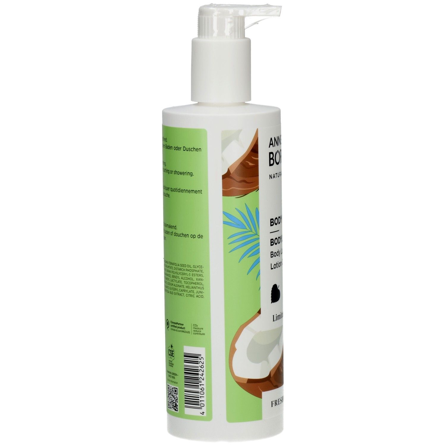Rückseite einer weißen Pumpflasche mit Kokos-Motiv und detaillierten Produktinformationen.