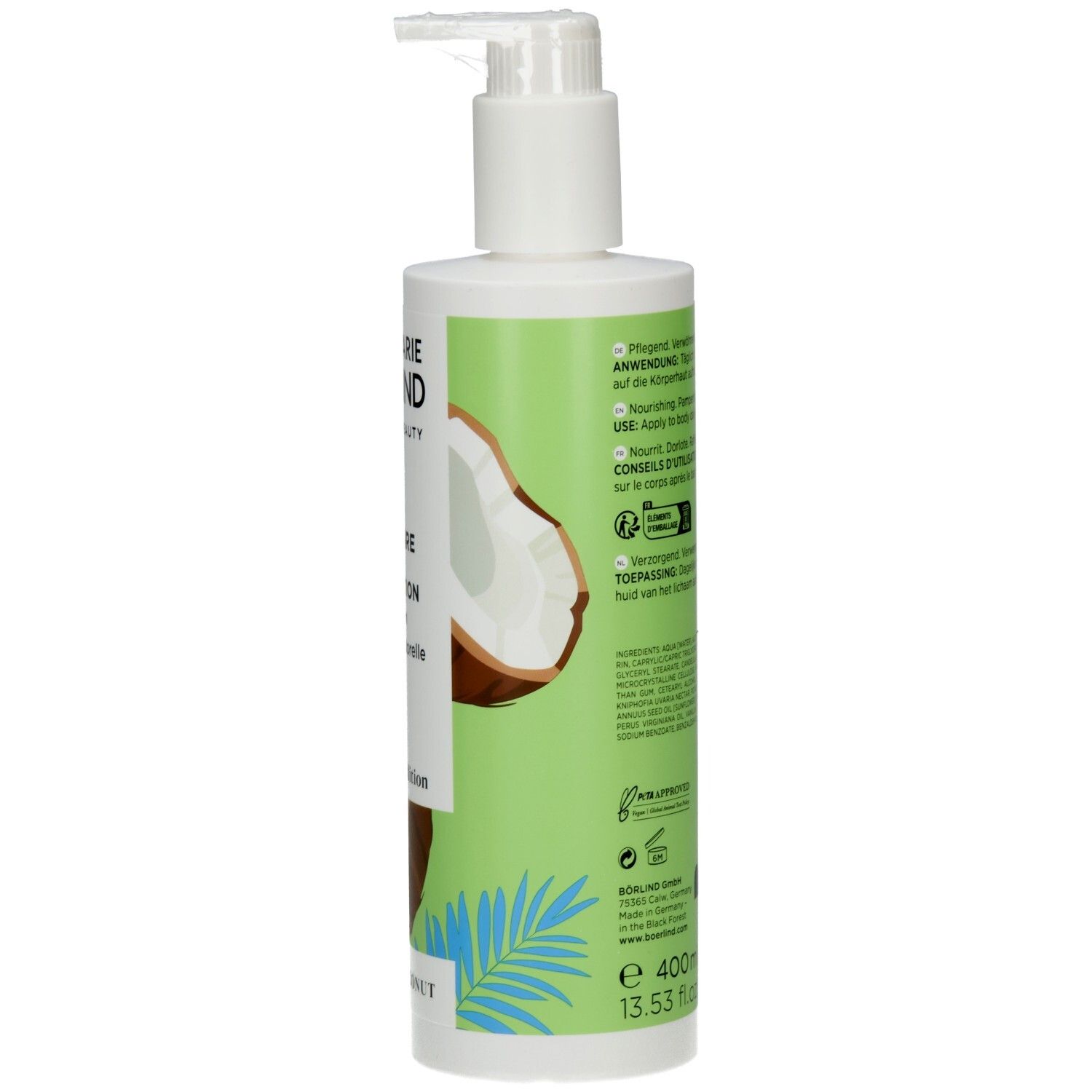 Rückseite einer weißen Pumpflasche mit Kokos-Motiv, Anwendungshinweisen und Siegeln.