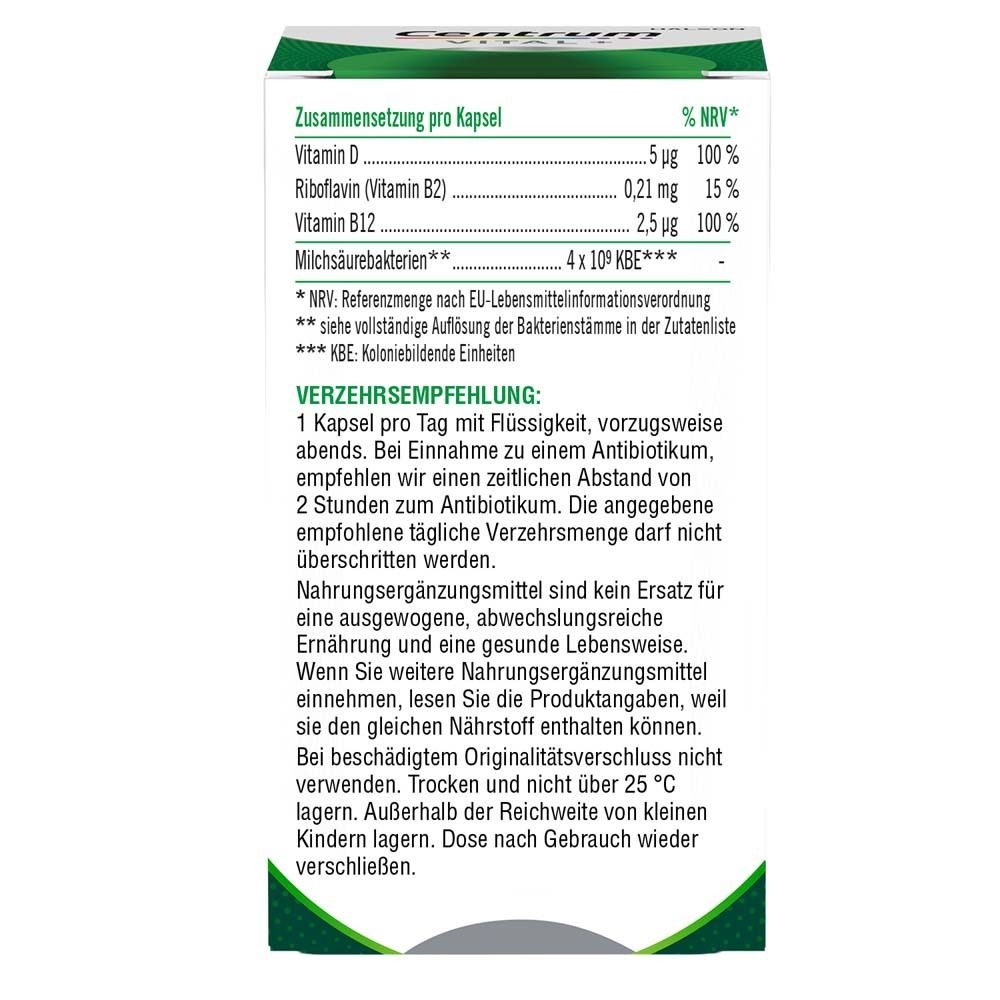 Text: Zusammensetzung pro Kapsel: Vitamin D, Riboflavin, Vitamin B12, Milchsäurebakterien. Verzehrempfehlung.