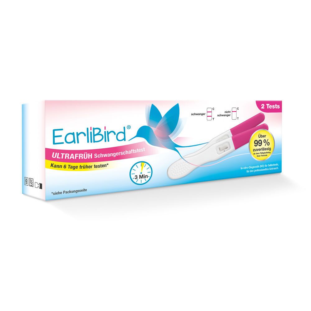 Verpackung von EarliBird® Ultrafrüh Schwangerschaftstest. Rosa und weiß, mit Teststäbchen-Abbildung und Logo.