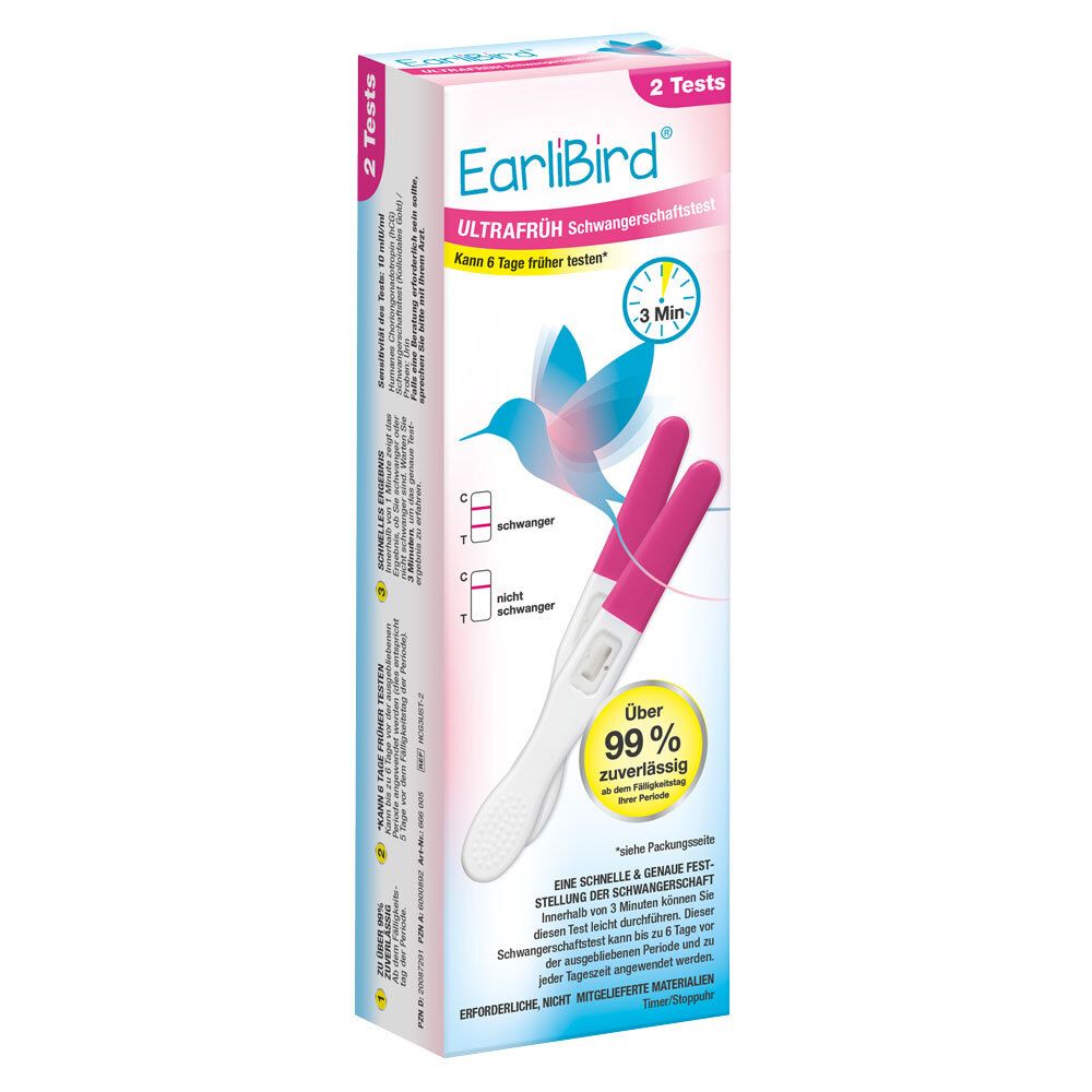 Verpackung von EarliBird® Ultrafrüh Schwangerschaftstest. Rosa und weiß, mit Teststäbchen-Abbildung und Logo.