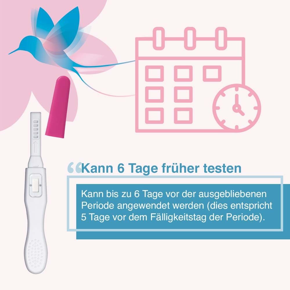 Schwangerschaftstest und rosa Kappe neben Kalender und Uhr. Text: Kann 6 Tage früher testen.