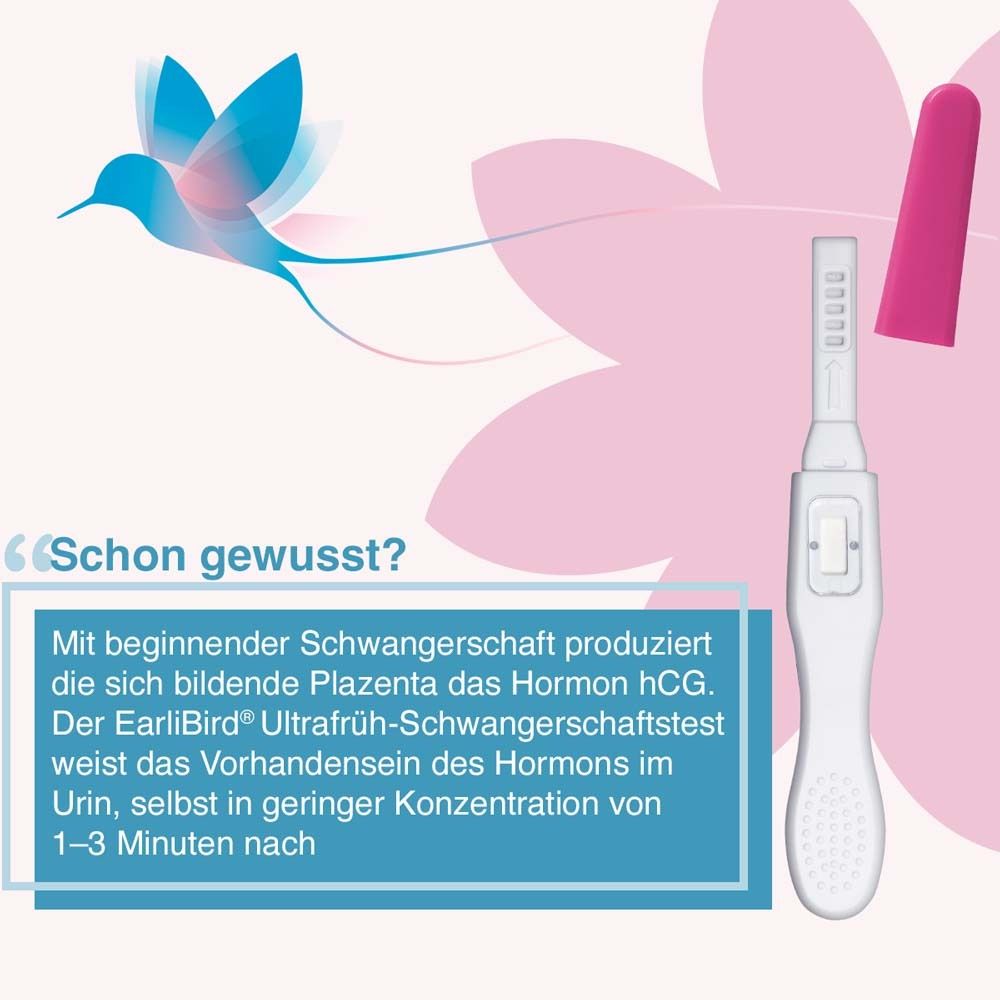 Schwangerschaftstest mit rosa Kappe. Text: Der EarliBird® Ultrafrüh-Schwangerschaftstest weist das Hormon hCG nach.