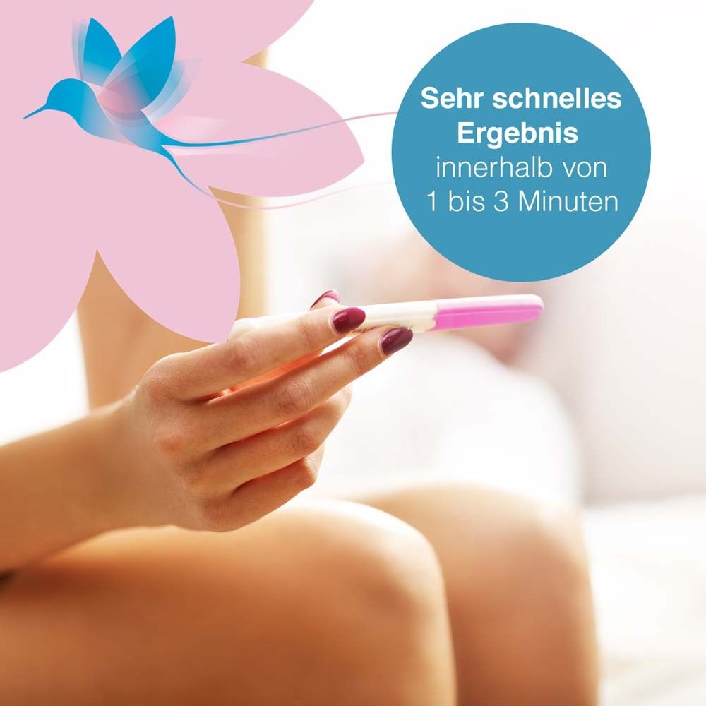 Frau hält Schwangerschaftstest. Text: Sehr schnelles Ergebnis innerhalb von 1 bis 3 Minuten.