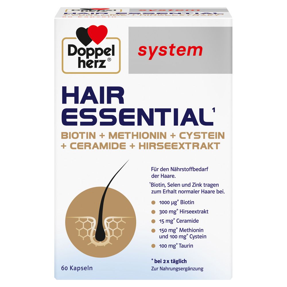 Weiße Schachtel mit Doppelherz Hair Essential. Enthält Kapseln. Aufschrift: Biotin, Methionin, Cystein, Ceramide, Hirseextrakt.