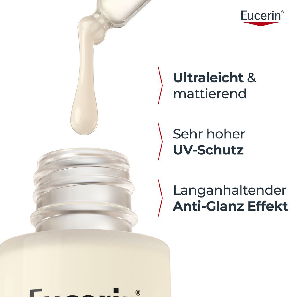 Nahaufnahme einer Serumflasche. Text: Ultraleicht & mattierend, Sehr hoher UV-Schutz, Anti-Glanz Effekt. Eucerin Logo.