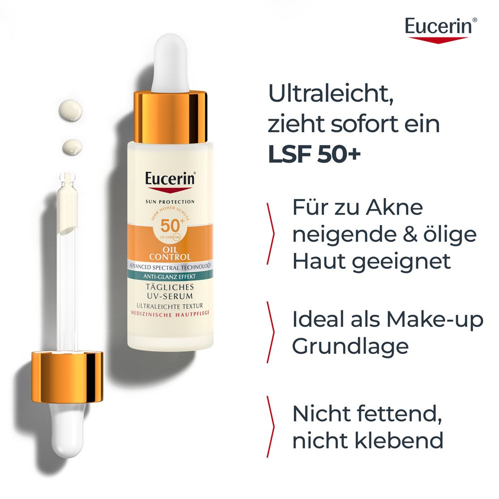 Serumflasche mit Pipette. Text: Ultraleicht, zieht sofort ein LSF 50+. Für zu Akne neigende & ölige Haut geeignet. Eucerin Logo.