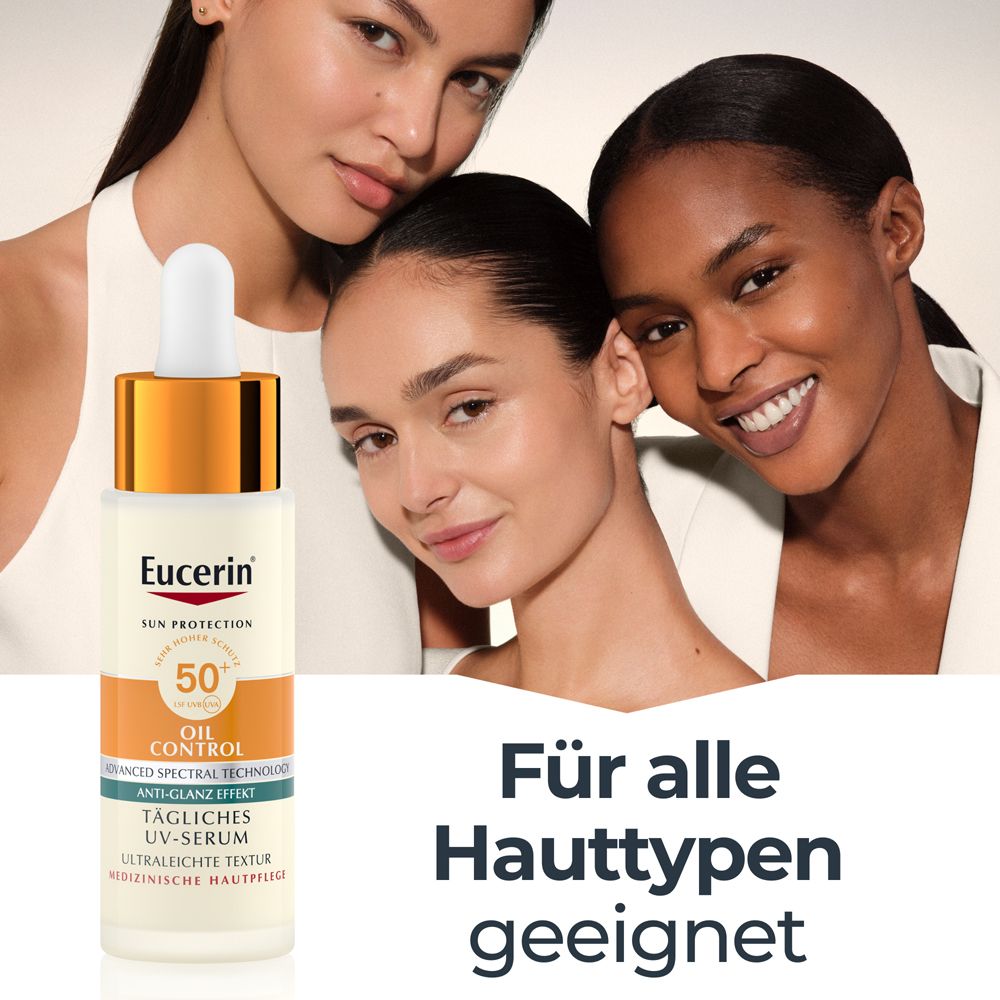 Drei Frauen. Serumflasche. Text: Für alle Hauttypen geeignet. Eucerin Logo.