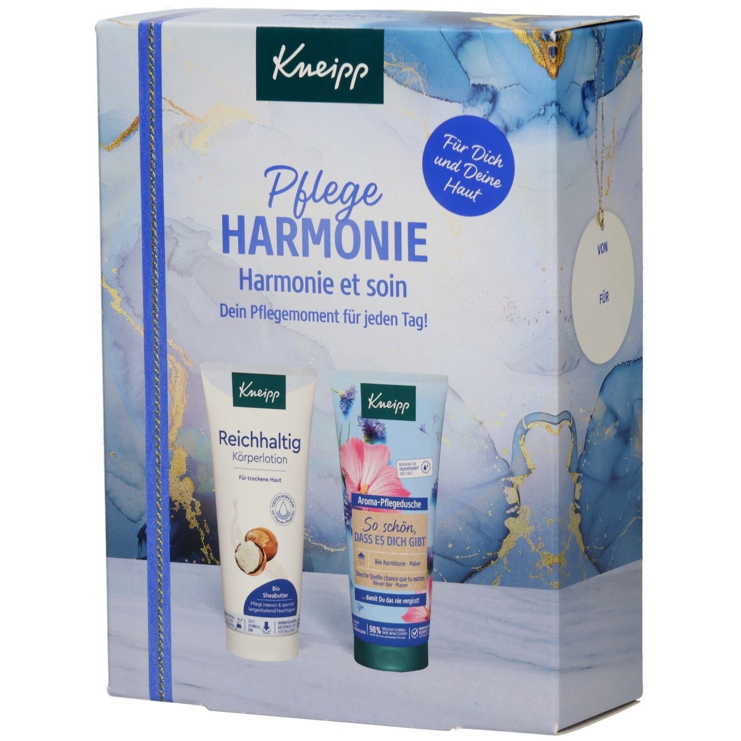 Geschenkset Pflegeharmonie. Zwei Tuben und eine Geschenkbox mit blauem Design und Produktnamen. Kneipp-Logo sichtbar.