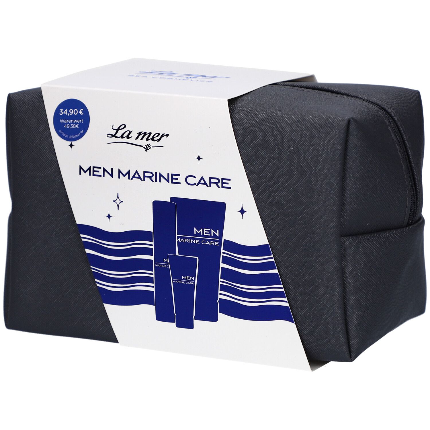Geschenkset Men Marine Care. Schwarze Kosmetiktasche mit weißer Banderole. Enthält Produktabbildungen und Preis.