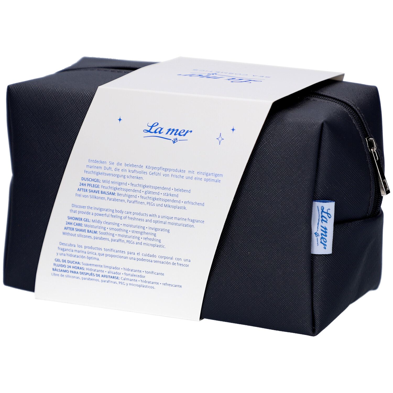 Geschenkset Men Marine Care. Schwarze Kosmetiktasche mit weißer Banderole. Text in Deutsch und Englisch.