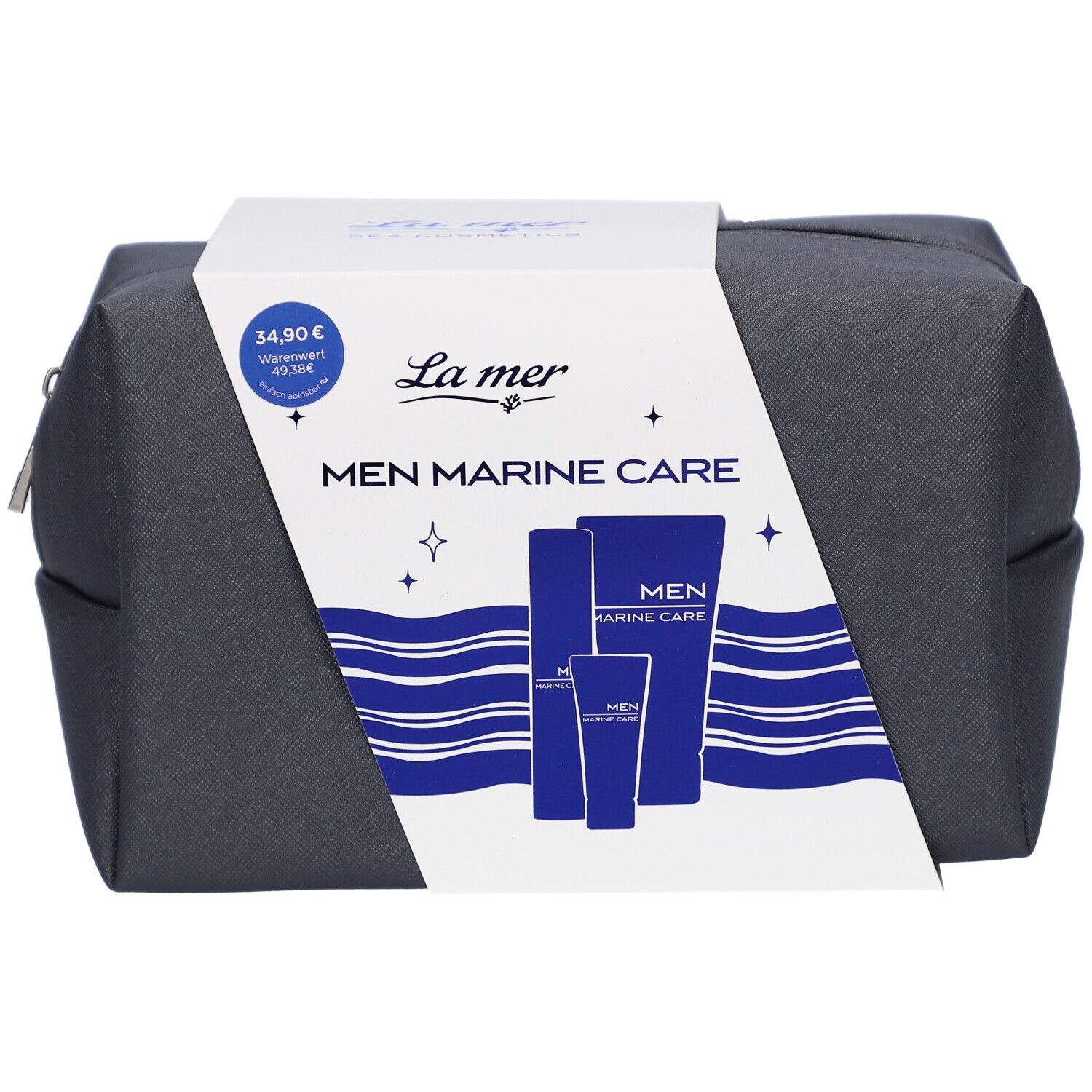 Geschenkset Men Marine Care. Anthrazitfarbene Kosmetiktasche mit weißer Banderole. Produktabbildungen.
