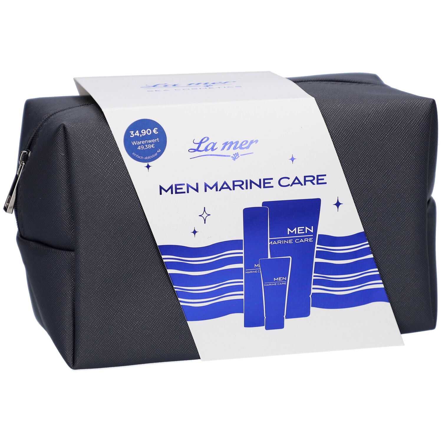Geschenkset Men Marine Care. Schwarze Kosmetiktasche mit weißer Banderole. Produktabbildungen und Preis.
