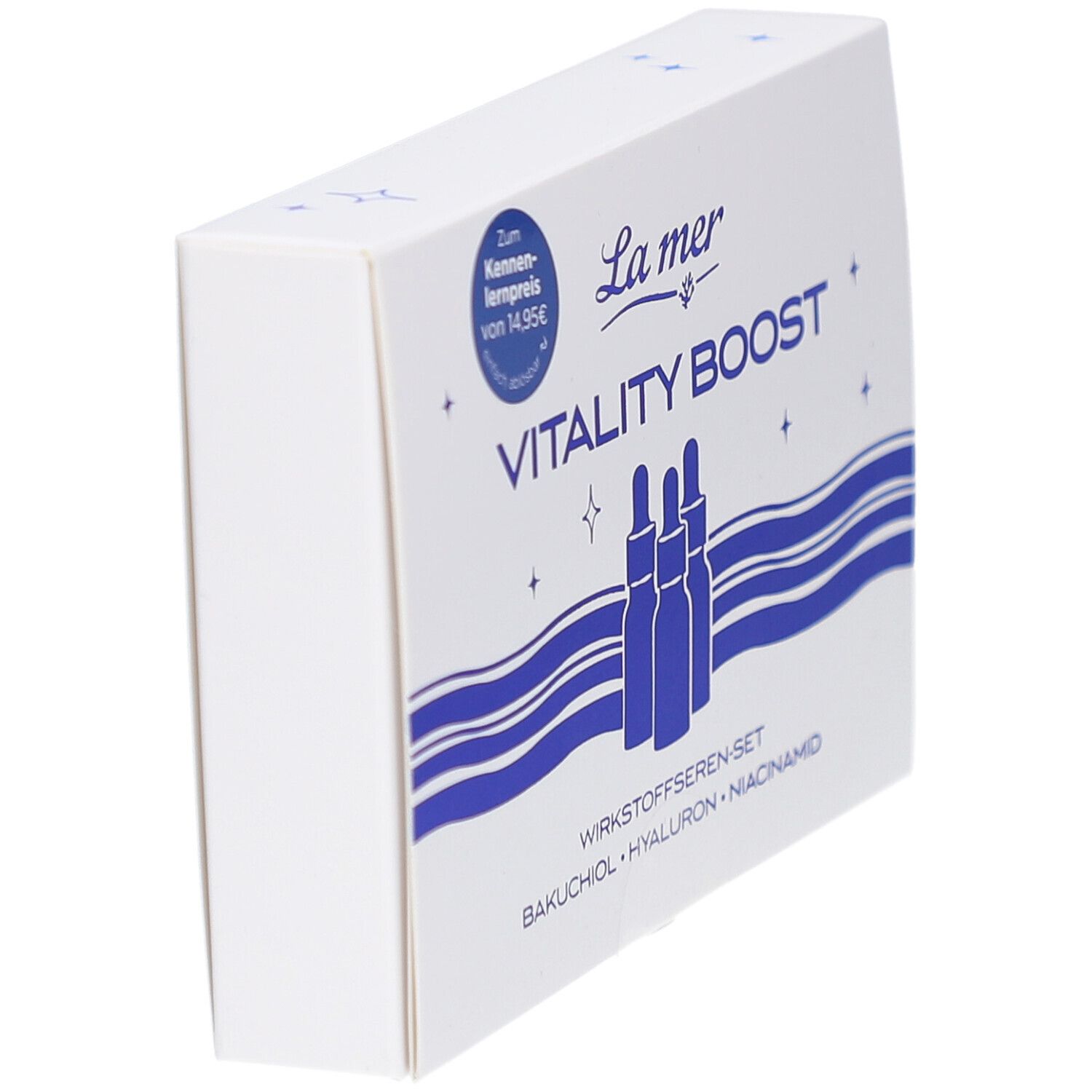 Schräg gestellte weiße Verpackung mit La mer Logo und Produktnamen. Enthält Bakuchiol, Hyaluron, Niacinamid Seren.