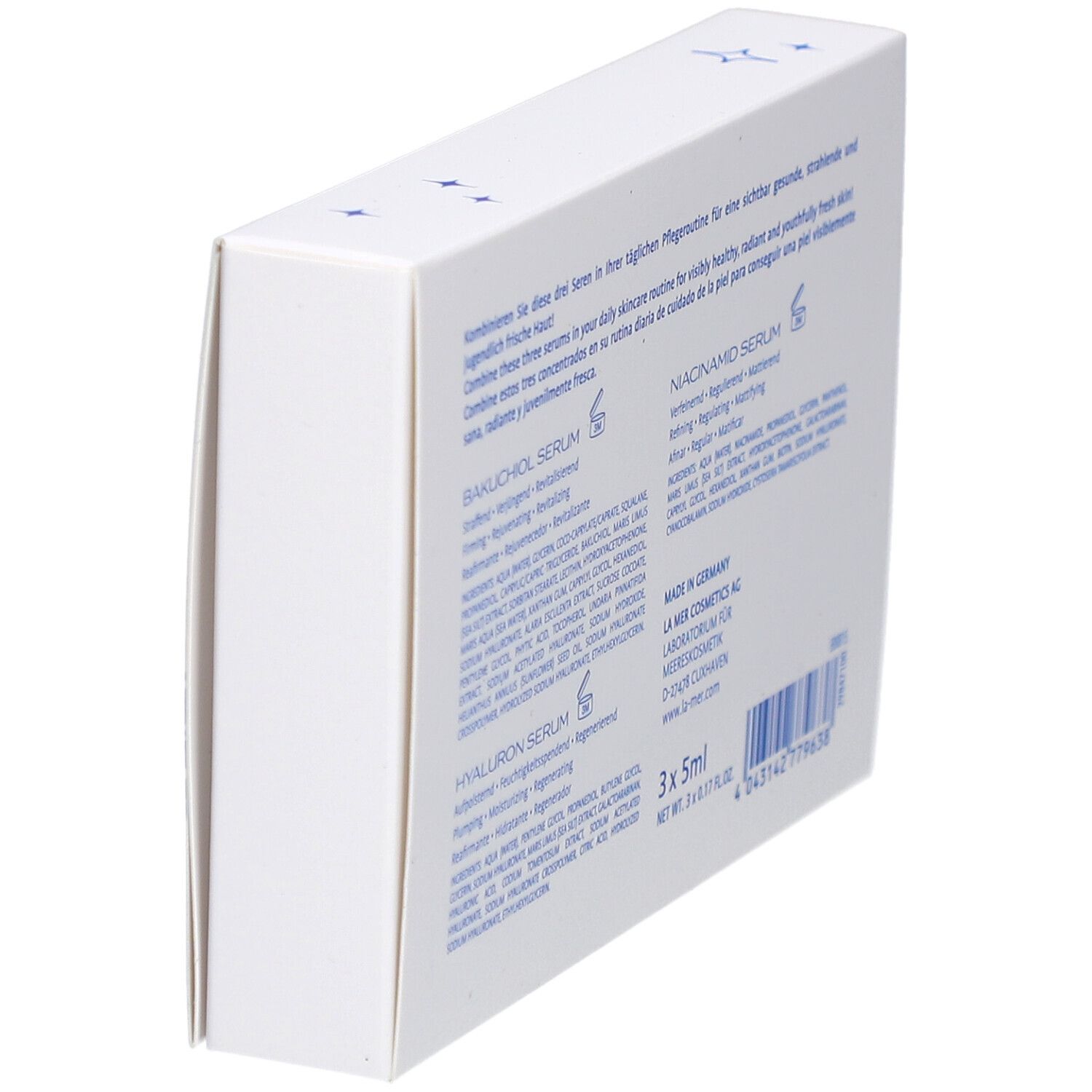 Schräg gestellte Verpackung mit Inhaltsstoffen und Herstellerinformationen. Enthält Bakuchiol, Hyaluron, Niacinamid Seren.