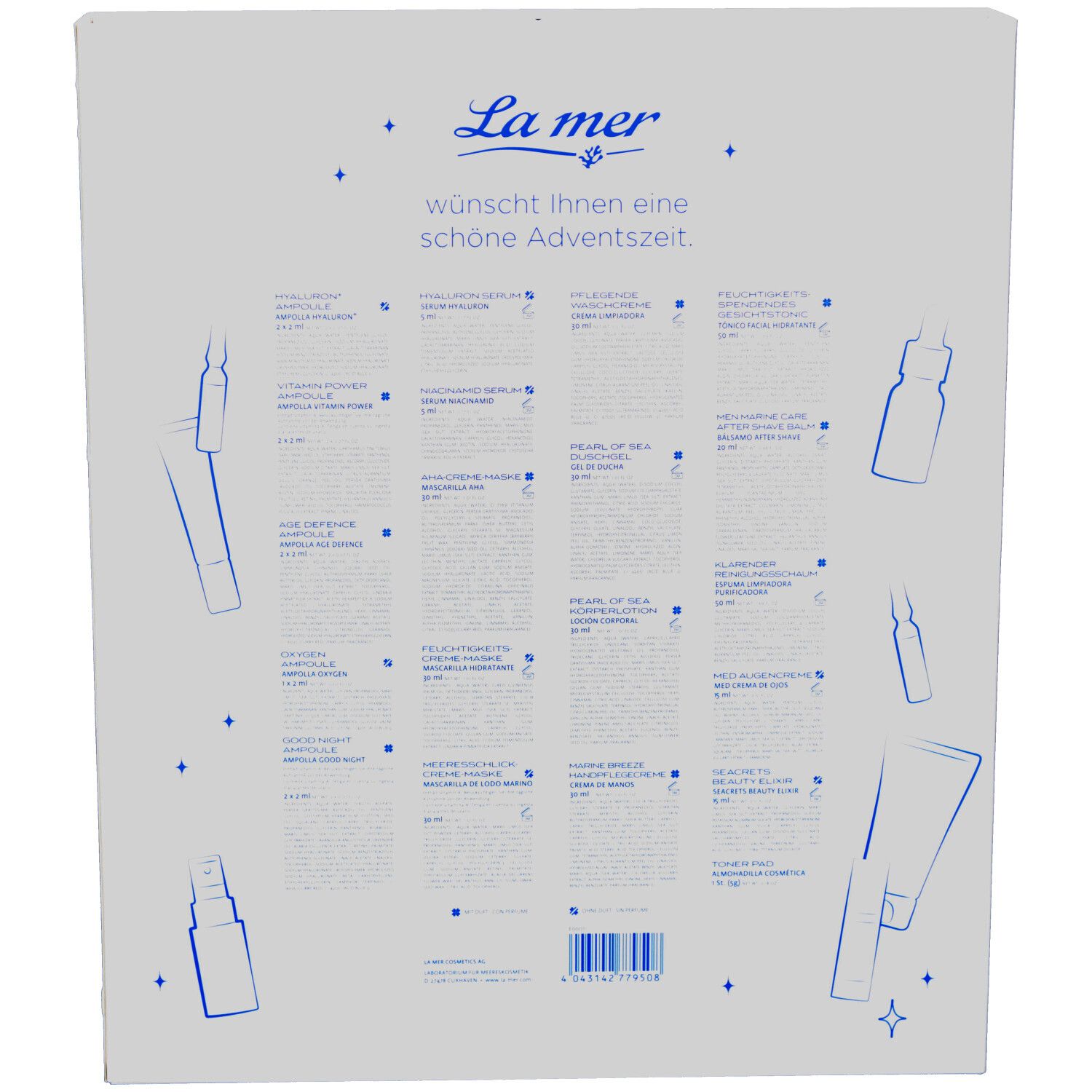 Rückseite des La Mer Adventskalenders. Text und Abbildungen der enthaltenen Produkte. Barcode unten rechts.