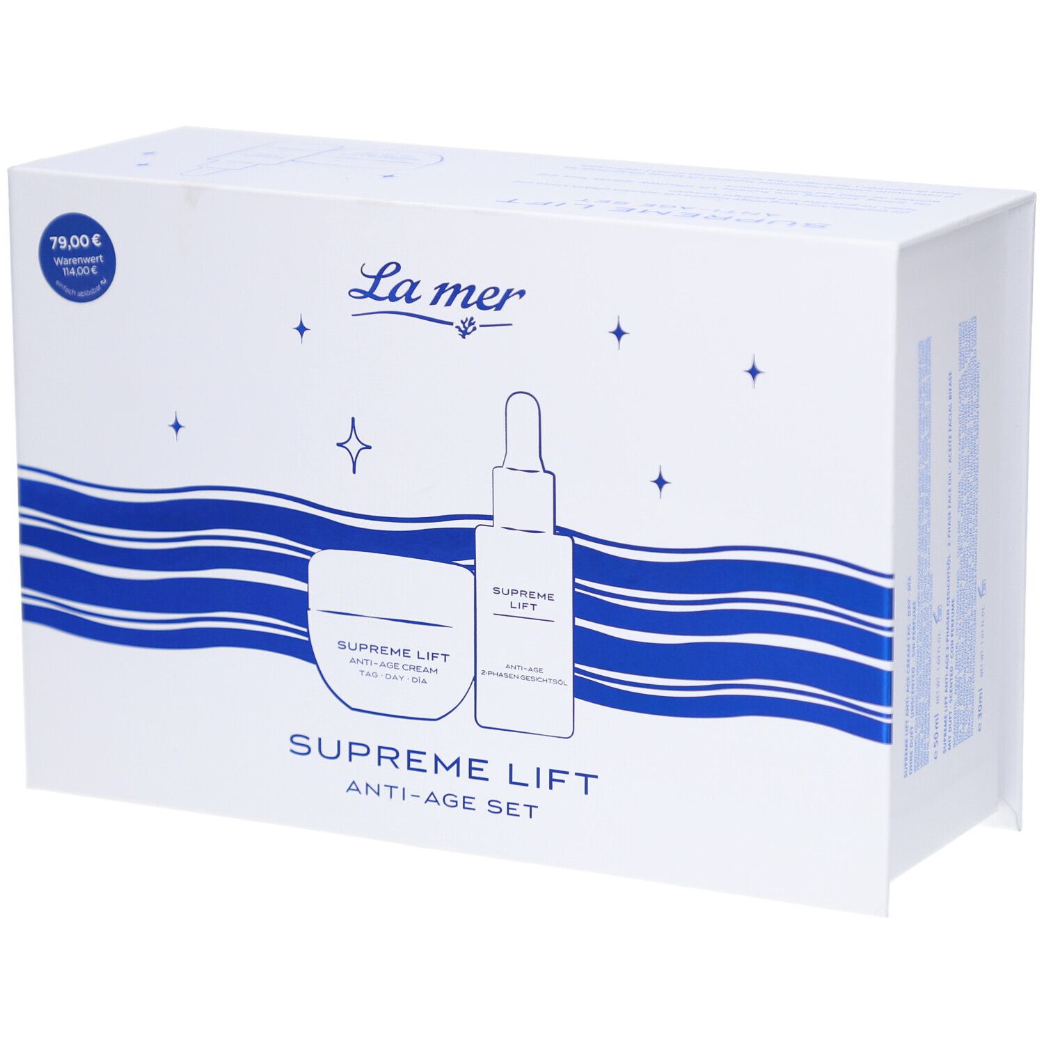 Geschenkset Supreme Lift Anti-Age Set. Enthält Creme und Serum. Verpackung mit La mer Logo und Preis. Weiß mit blauen Wellen.