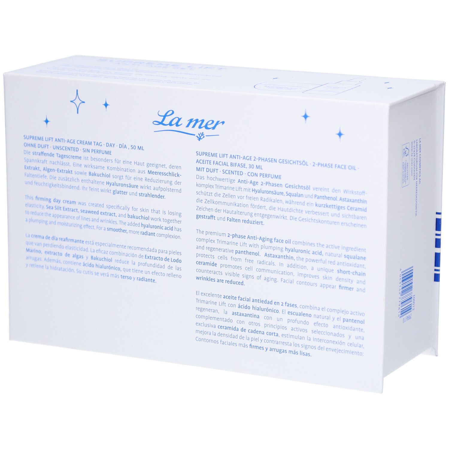 Rückseite der Geschenkset-Verpackung. Text in Deutsch und Englisch. Enthält Informationen zu Inhaltsstoffen und Anwendung.