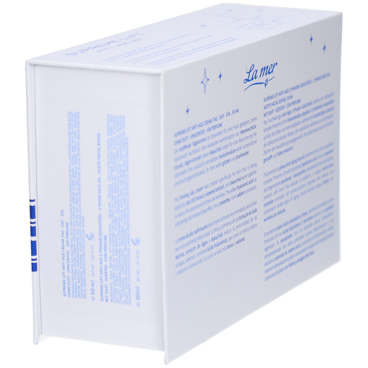 Seitenansicht der Geschenkset-Verpackung. Text in Deutsch und Englisch. Enthält Informationen zu Inhaltsstoffen und Anwendung.