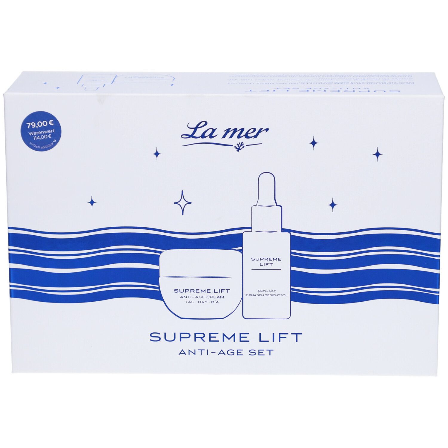 Geschenkset Supreme Lift Anti-Age Set. Enthält Creme und Serum. Verpackung mit La mer Logo und Preis. Weiß mit blauen Wellen.