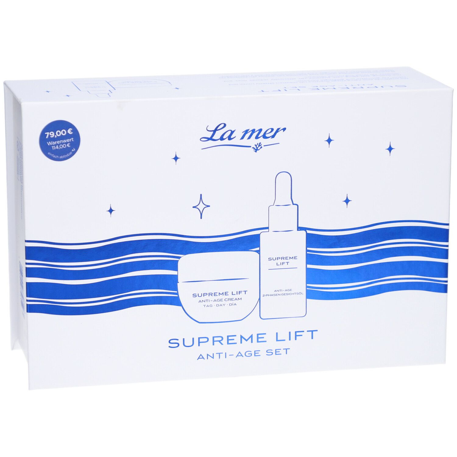Geschenkset Supreme Lift Anti-Age Set. Enthält Creme und Serum. Verpackung mit La mer Logo und Preis. Weiß mit blauen Wellen.