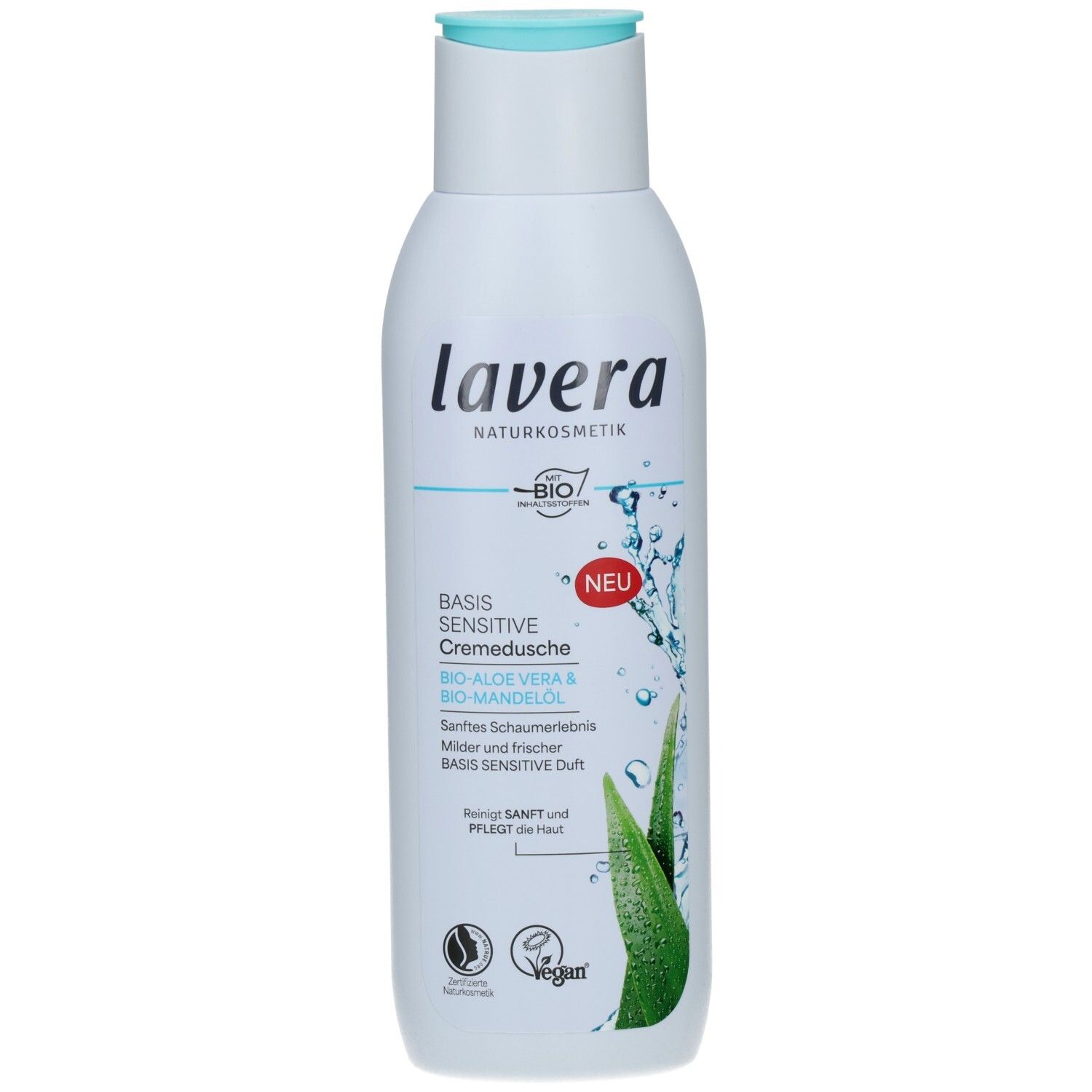Weiße Flasche mit blauem Deckel. Aufschrift: lavera, Basis Sensitive Cremedusche. Bio-Aloe Vera und Bio-Mandelöl. Vegan-Siegel.