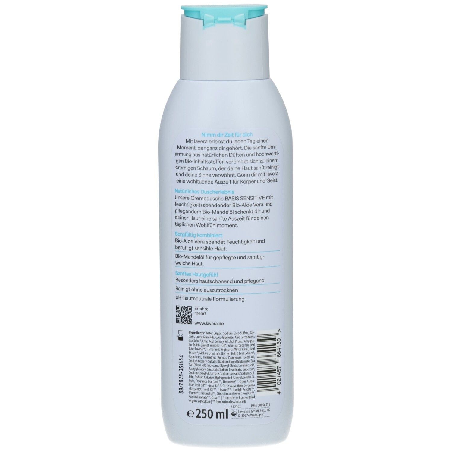 Rückseite der weißen Flasche. Text in deutscher Sprache. Enthält Informationen zu Inhaltsstoffen und Anwendung. Vegan-Siegel.