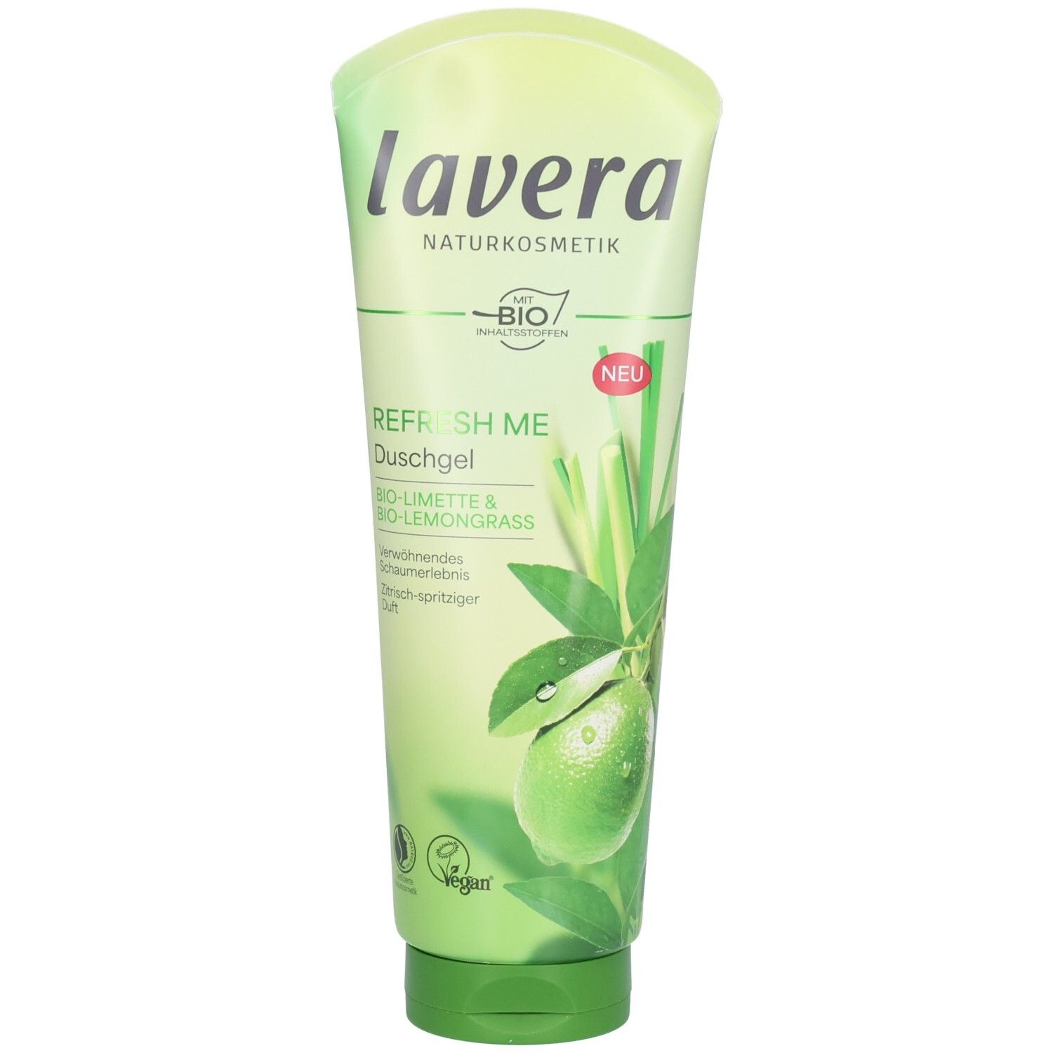 Grüne Tube mit "LAVERA"-Logo und "REFRESH ME Duschgel". Bio-Limette und Bio-Lemongrass-Abbildung. Vegan-Siegel.