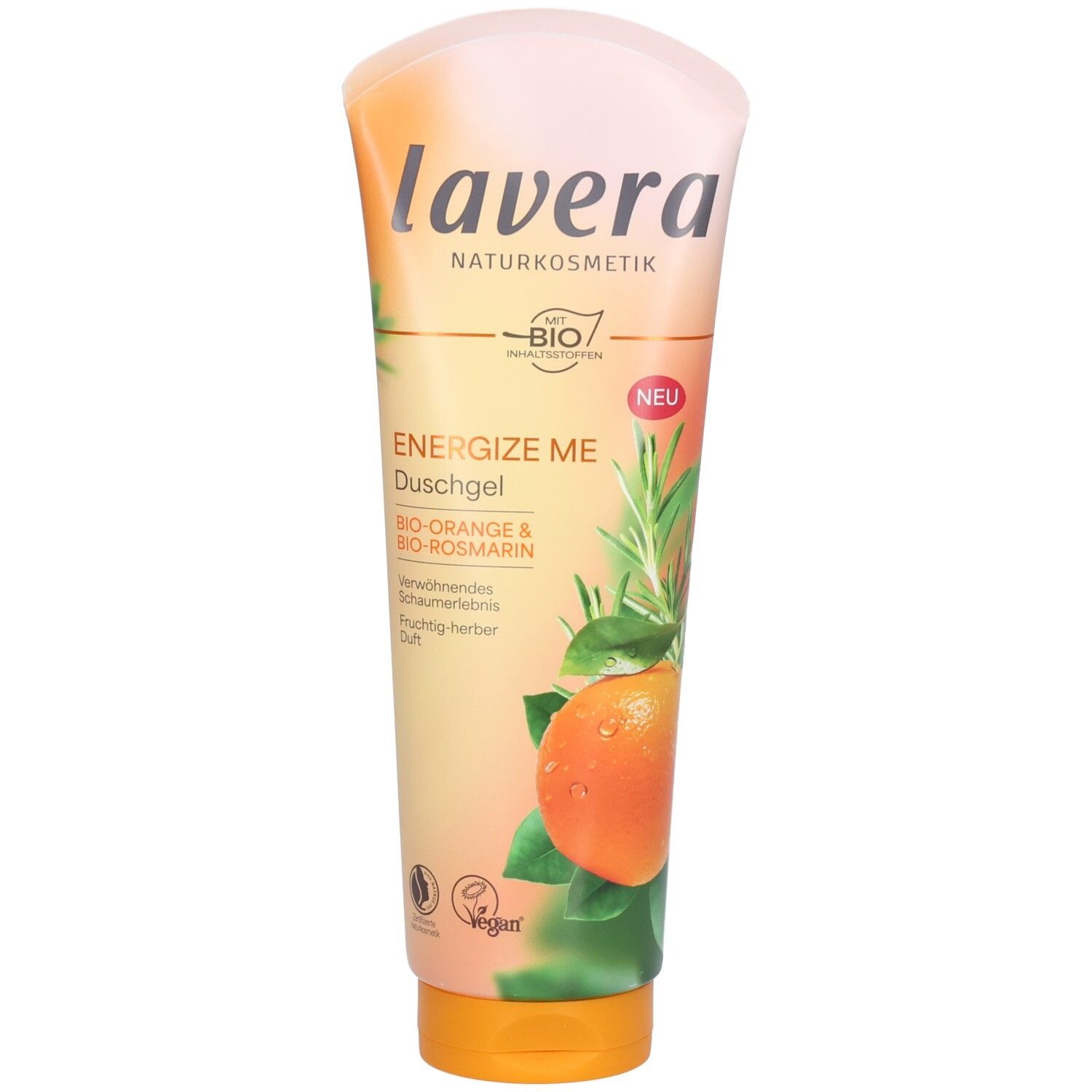 Tube Duschgel mit Produktnamen und Logo. Orangefarbenes Design mit Abbildung einer Orange und Rosmarinzweig. Vegan-Siegel.