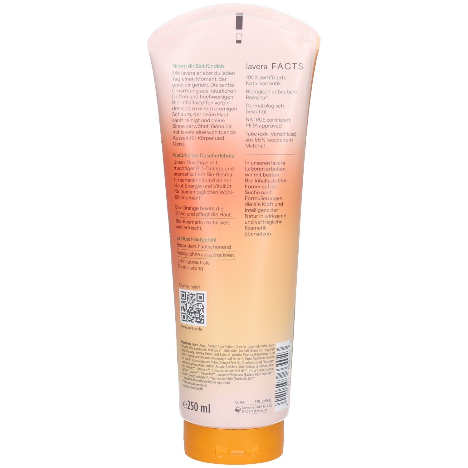 Rückseite der Duschgel-Tube. Textinformationen, QR-Code und Logo. Orangefarbener Farbverlauf. Volumenangabe: 250 ml.