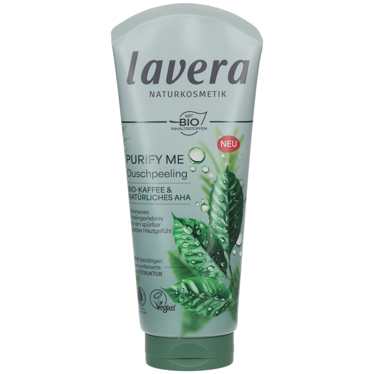 Lavera Duschpeeling Purify Me mit Bio-Kaffee & natürlichem AHA. Grüne Blätter und Wassertropfen auf der Vorderseite.
